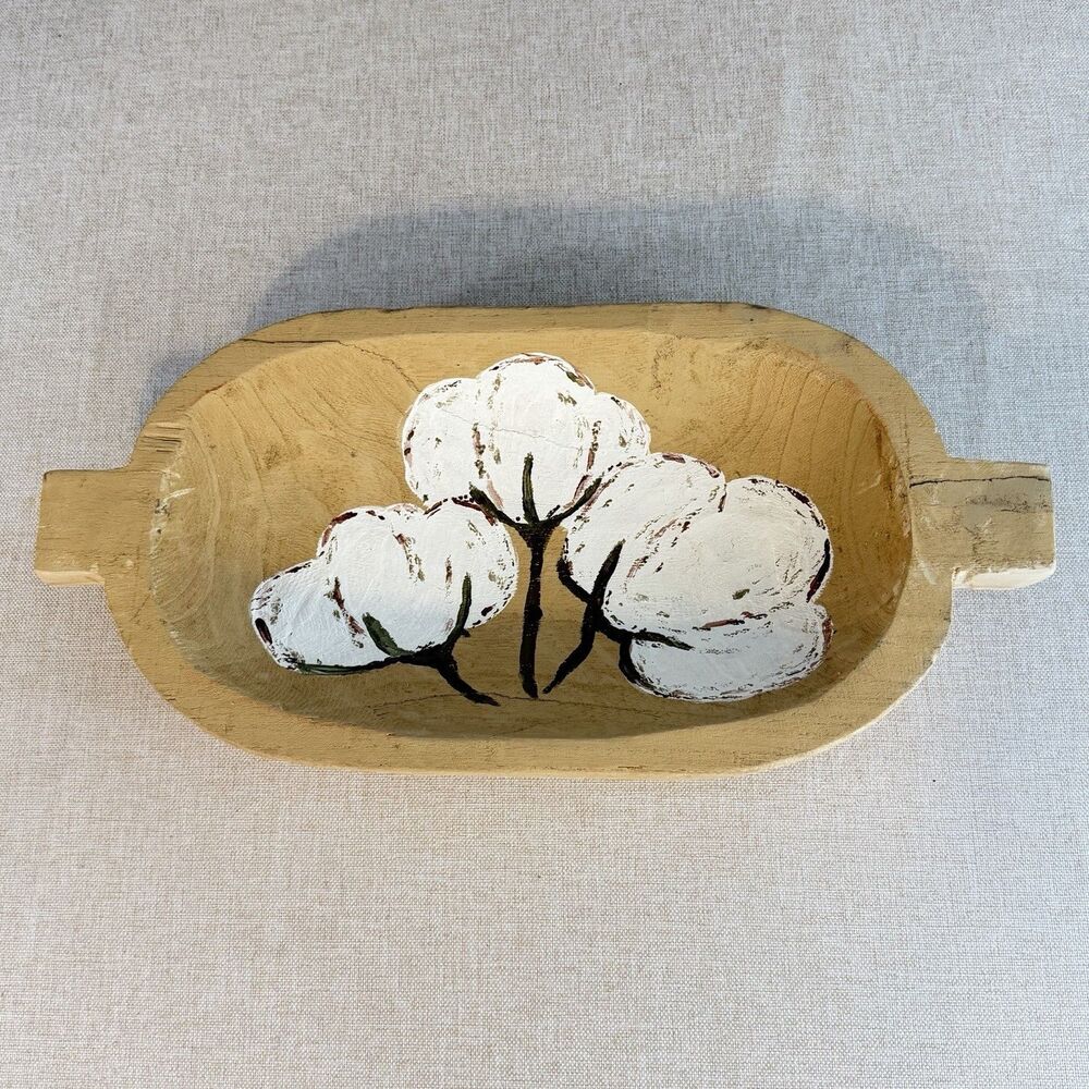 Hand Painted Cotton Boll Wood Dough Bowl 17” Rustic Southern Farmhouse Decor